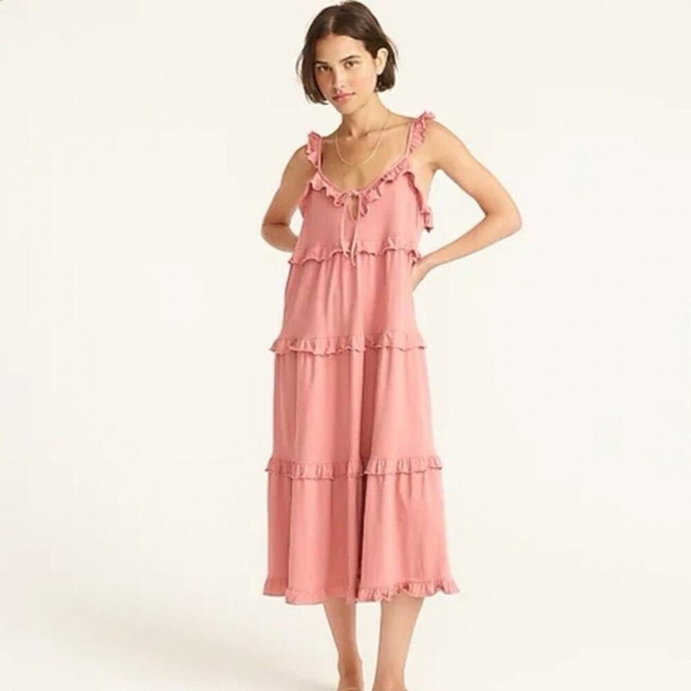 J.Crew Cotton Pink Tiered Midi Dress Ruffles Keyhole Medium New